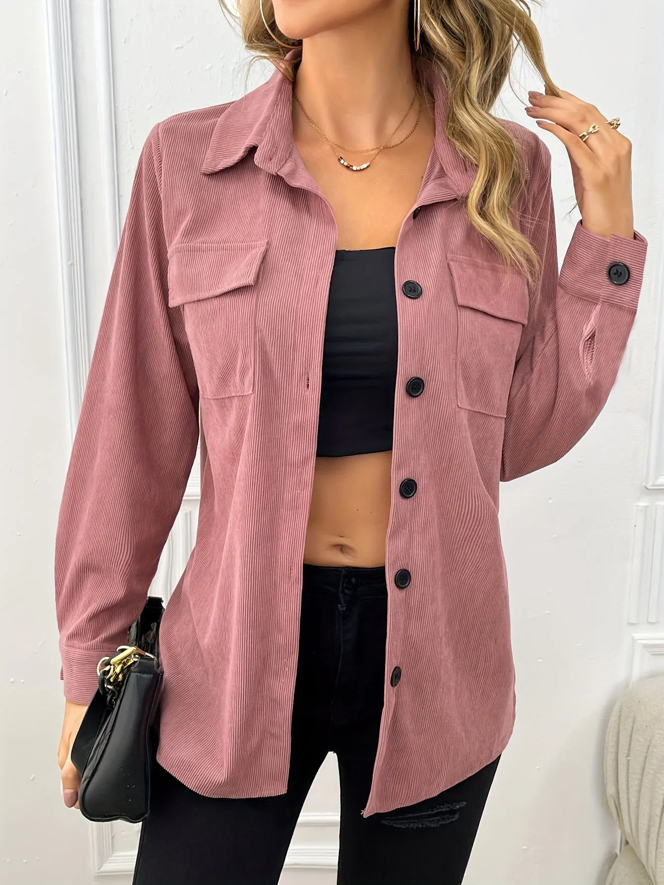 Casual Long Sleeve Jacket - Flap Pocket & Lapel Collar Design