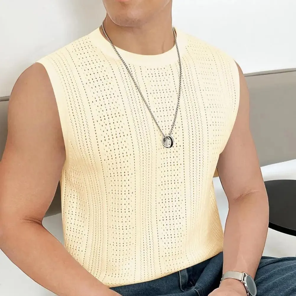 Casual Loose Fit Vest Men's Summer Hollow Breathable Knitting Vest for Daily Wear Street Style Slim Fit Solid Color Sleeveless