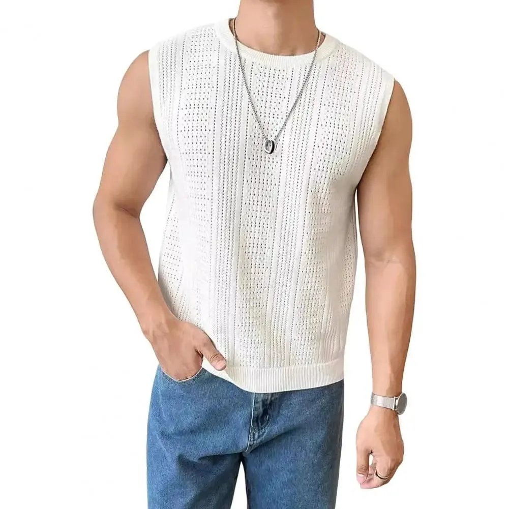 Casual Loose Fit Vest Men's Summer Hollow Breathable Knitting Vest for Daily Wear Street Style Slim Fit Solid Color Sleeveless