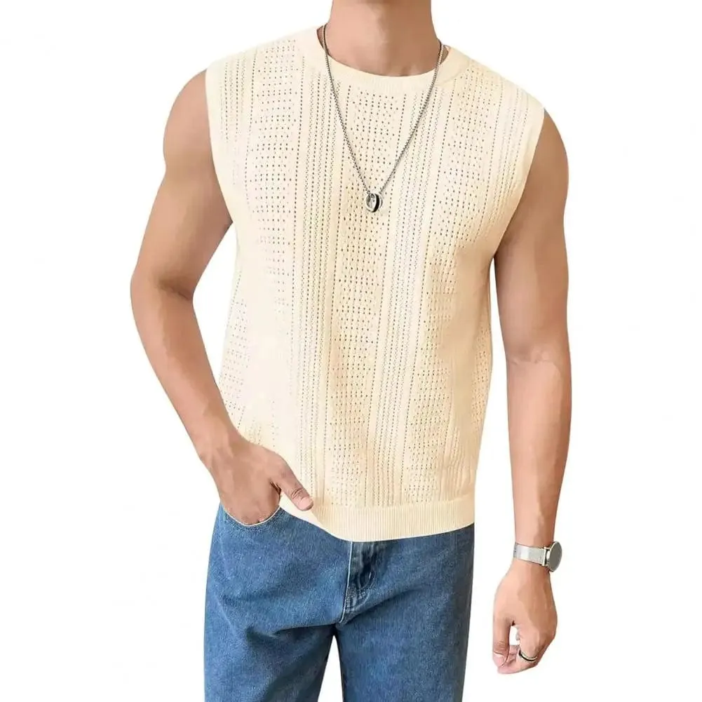 Casual Loose Fit Vest Men's Summer Hollow Breathable Knitting Vest for Daily Wear Street Style Slim Fit Solid Color Sleeveless