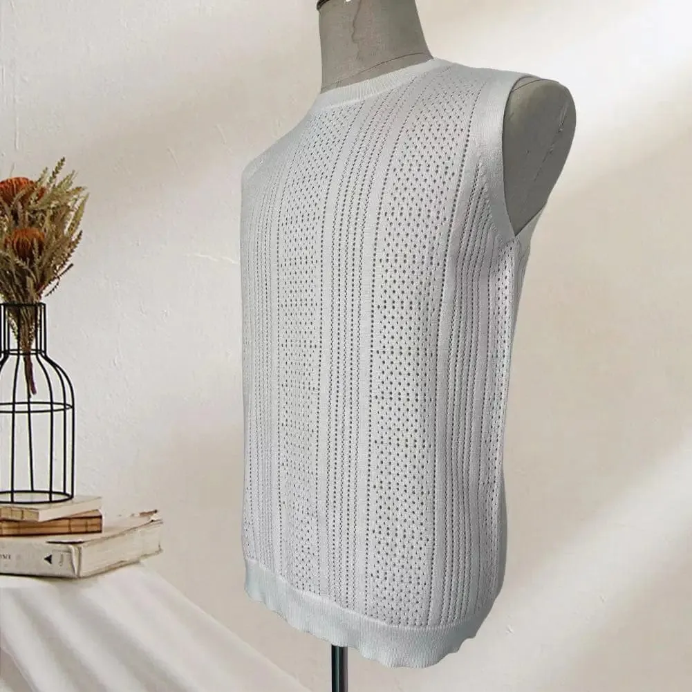 Casual Loose Fit Vest Men's Summer Hollow Breathable Knitting Vest for Daily Wear Street Style Slim Fit Solid Color Sleeveless