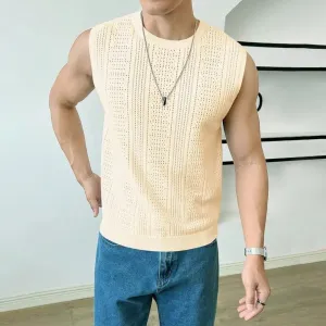 Casual Loose Fit Vest Men's Summer Hollow Breathable Knitting Vest for Daily Wear Street Style Slim Fit Solid Color Sleeveless