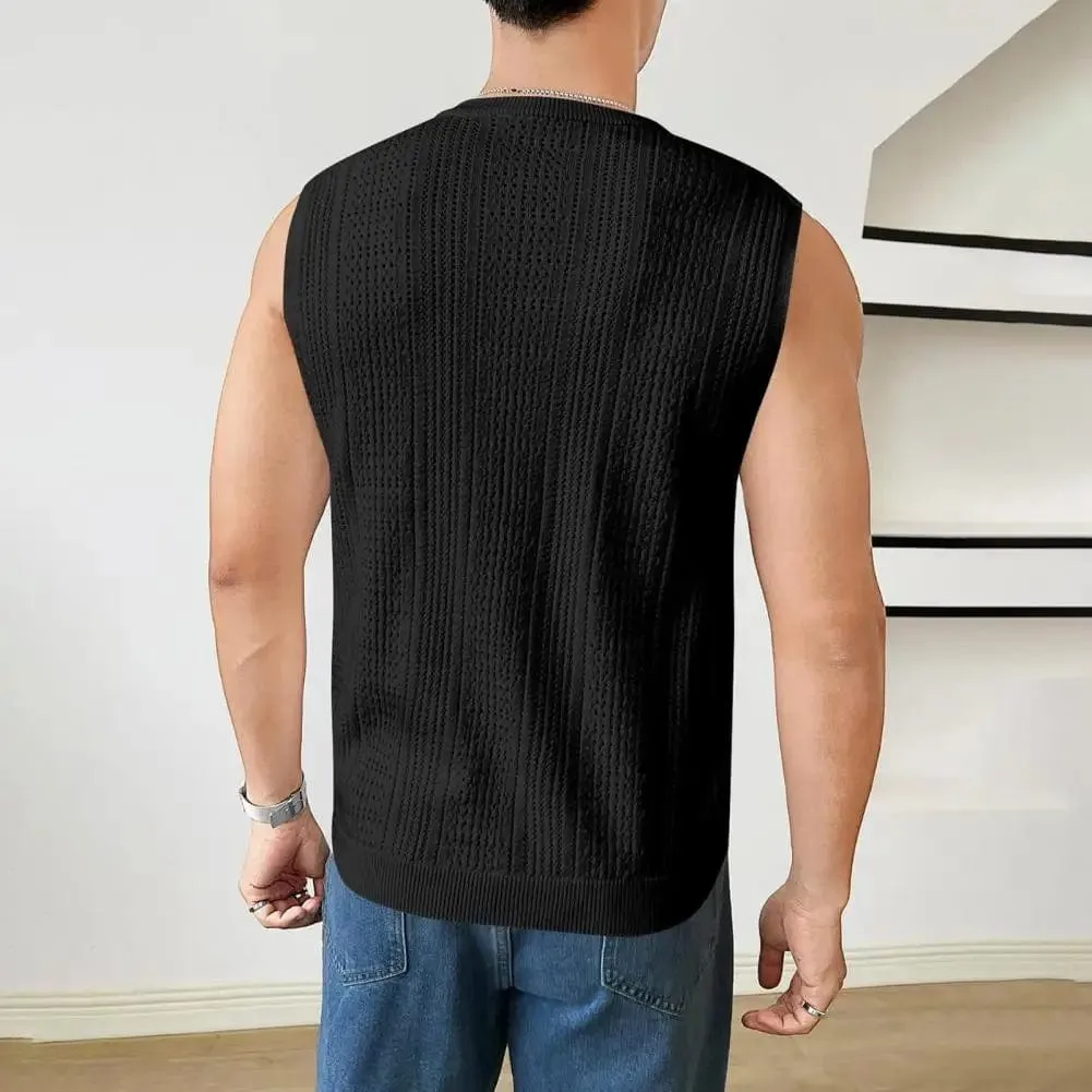 Casual Loose Fit Vest Men's Summer Hollow Breathable Knitting Vest for Daily Wear Street Style Slim Fit Solid Color Sleeveless