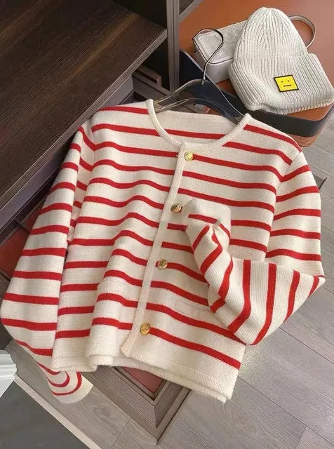 Casual O-neck Stripe Knitted Short Tops