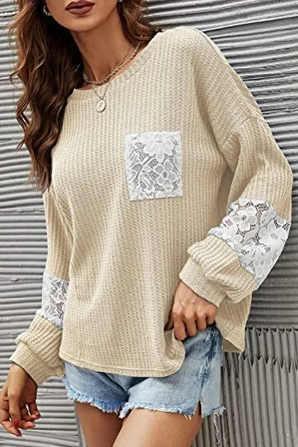 Casual Patchwork Lace Split Joint O Neck Tops
