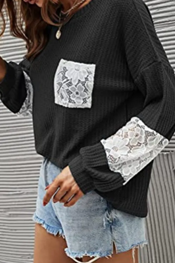 Casual Patchwork Lace Split Joint O Neck Tops