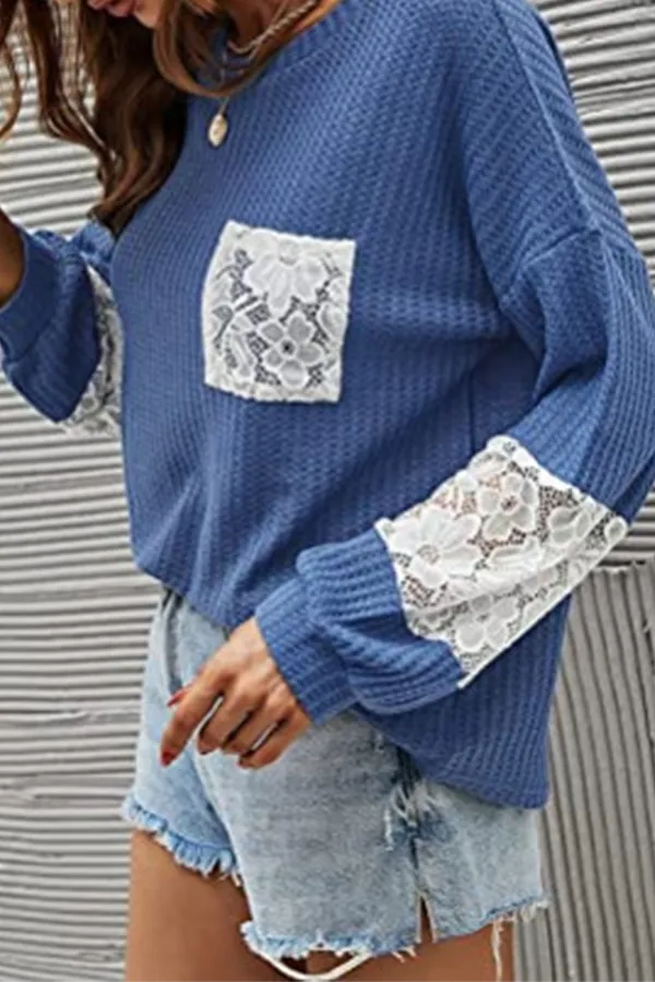 Casual Patchwork Lace Split Joint O Neck Tops