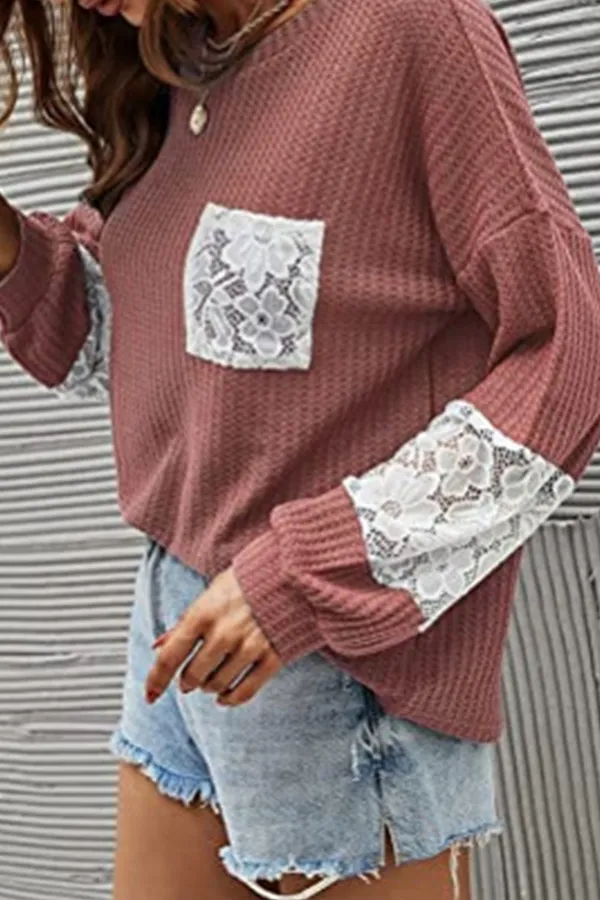 Casual Patchwork Lace Split Joint O Neck Tops