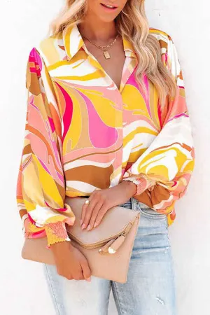 Casual Print Patchwork Buckle Turndown Collar Tops