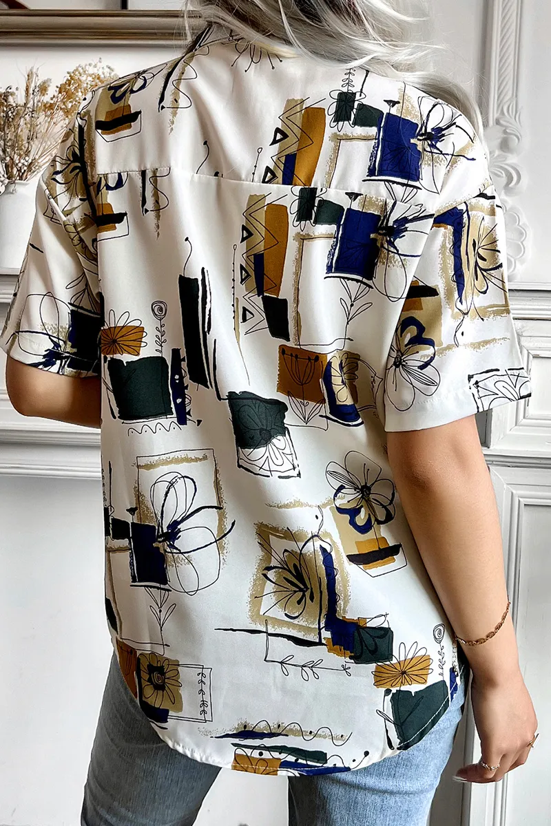 Casual Print Patchwork Turndown Collar Tops(3 Colors)