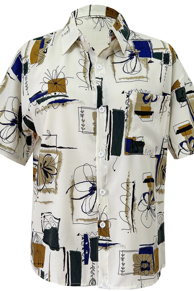 Casual Print Patchwork Turndown Collar Tops(3 Colors)