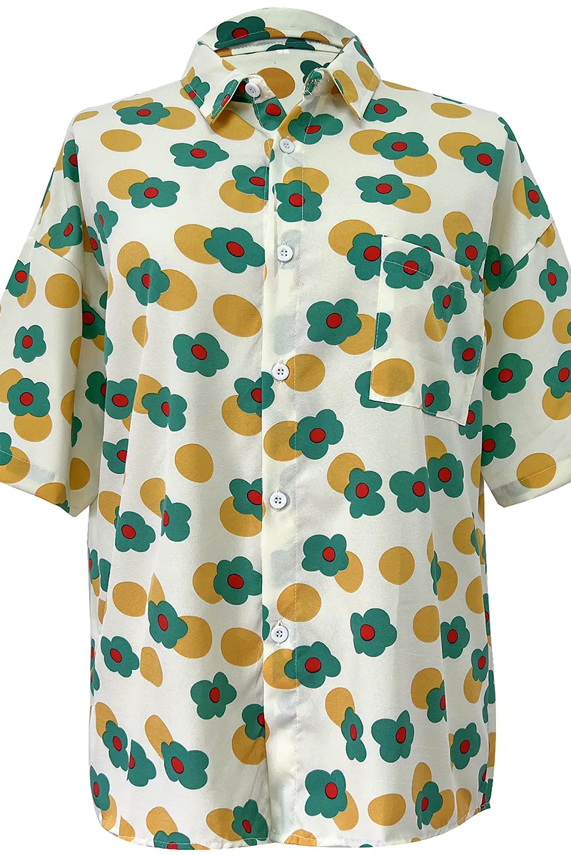 Casual Print Patchwork Turndown Collar Tops(3 Colors)
