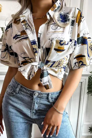 Casual Print Patchwork Turndown Collar Tops(3 Colors)