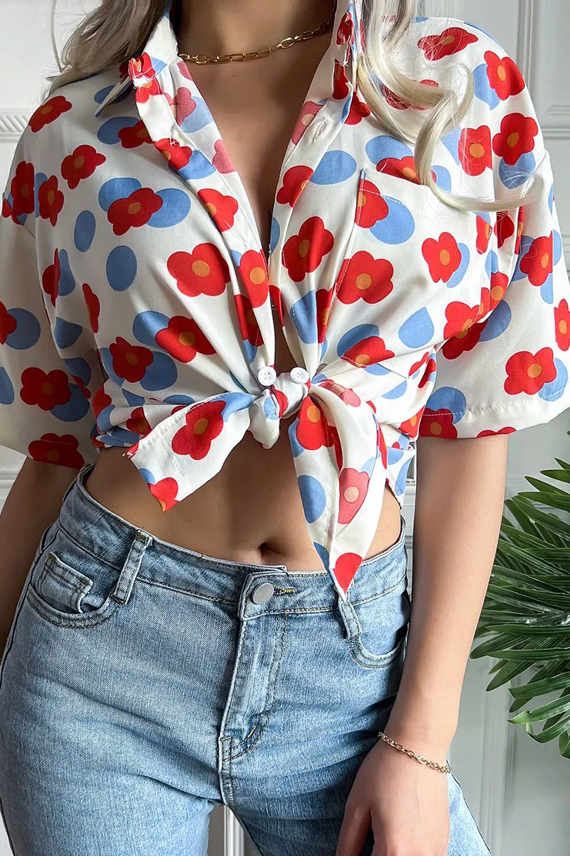 Casual Print Patchwork Turndown Collar Tops(3 Colors)