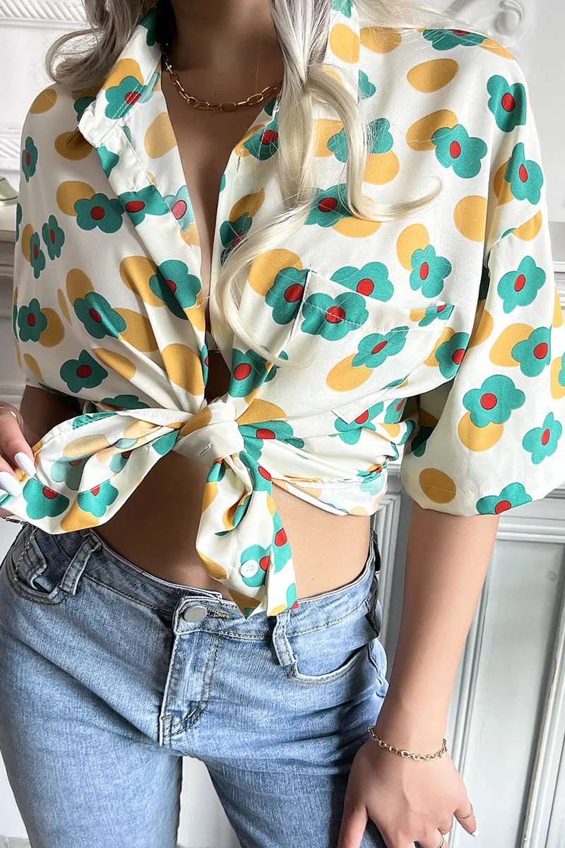 Casual Print Patchwork Turndown Collar Tops(3 Colors)