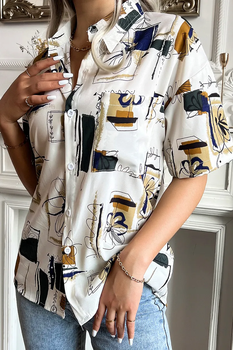 Casual Print Patchwork Turndown Collar Tops(3 Colors)