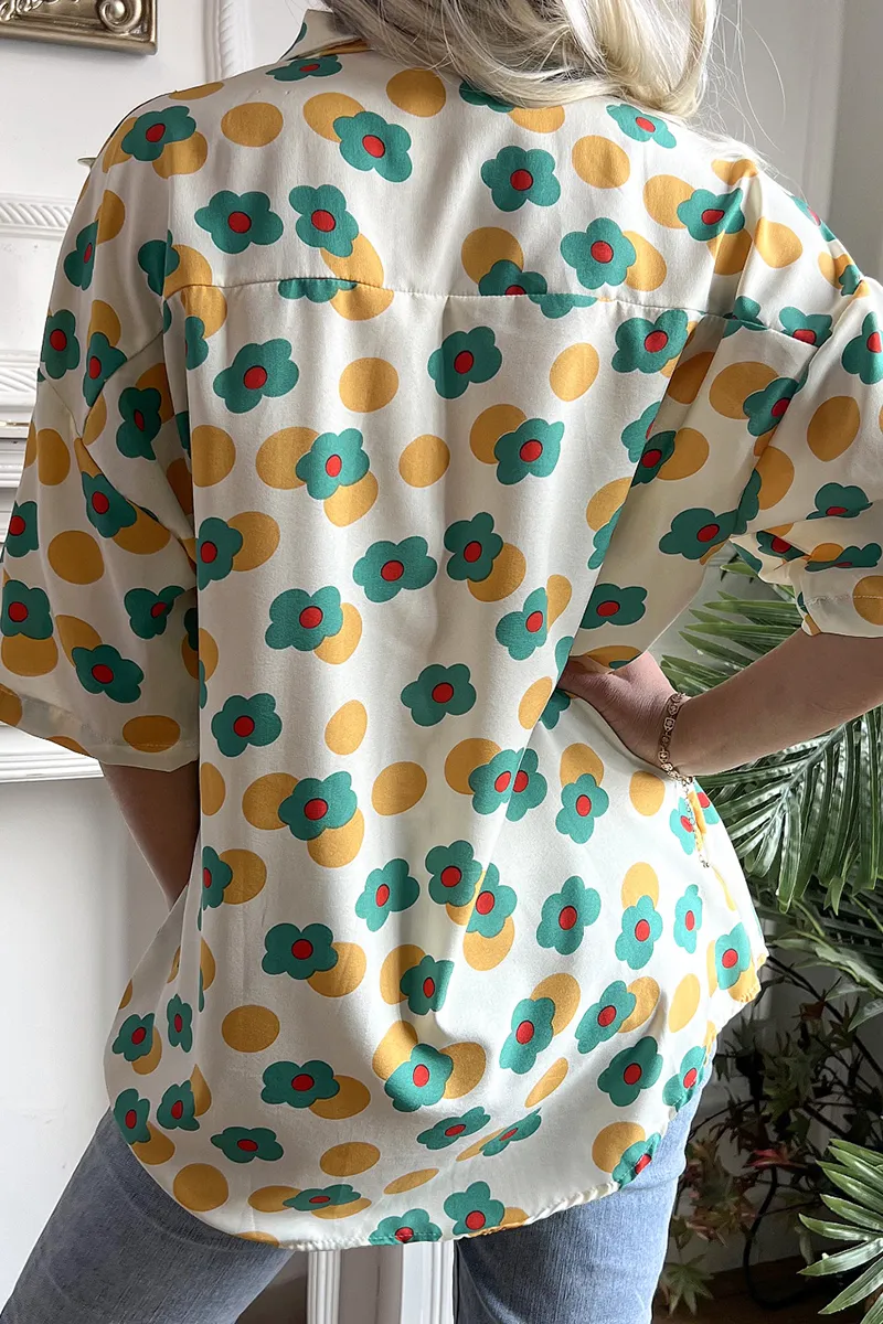 Casual Print Patchwork Turndown Collar Tops(3 Colors)