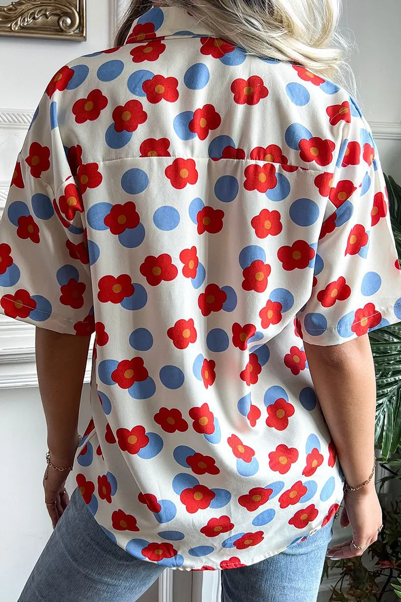 Casual Print Patchwork Turndown Collar Tops(3 Colors)