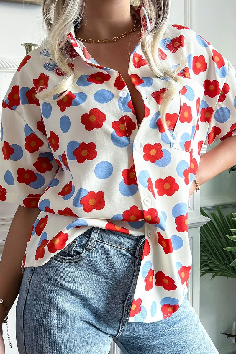 Casual Print Patchwork Turndown Collar Tops(3 Colors)