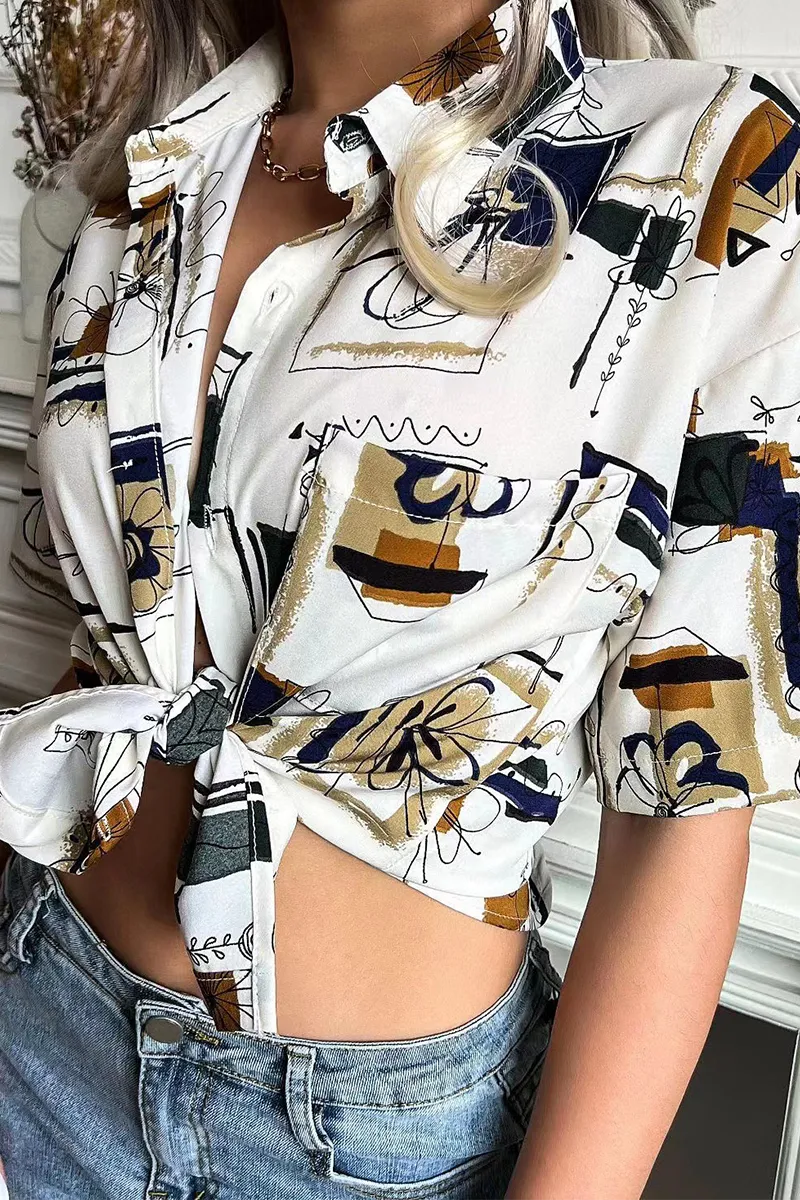 Casual Print Patchwork Turndown Collar Tops(3 Colors)