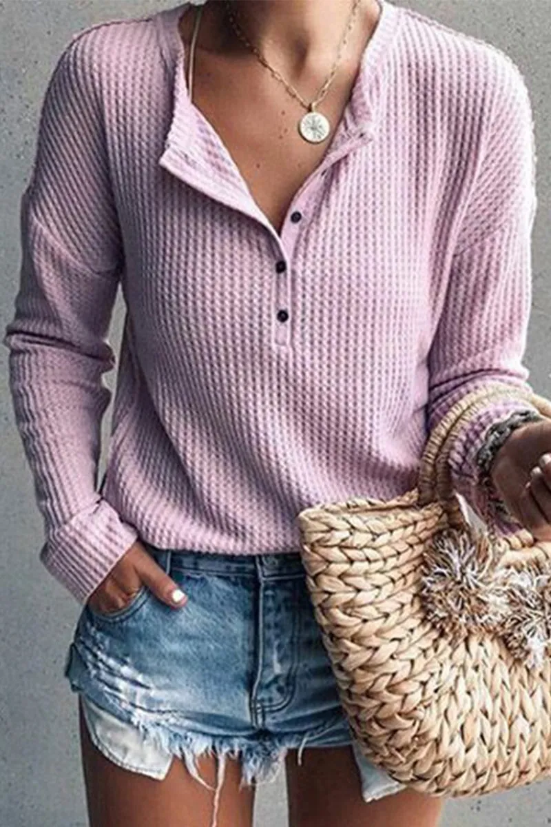 Casual Solid Buttons O Neck Tops