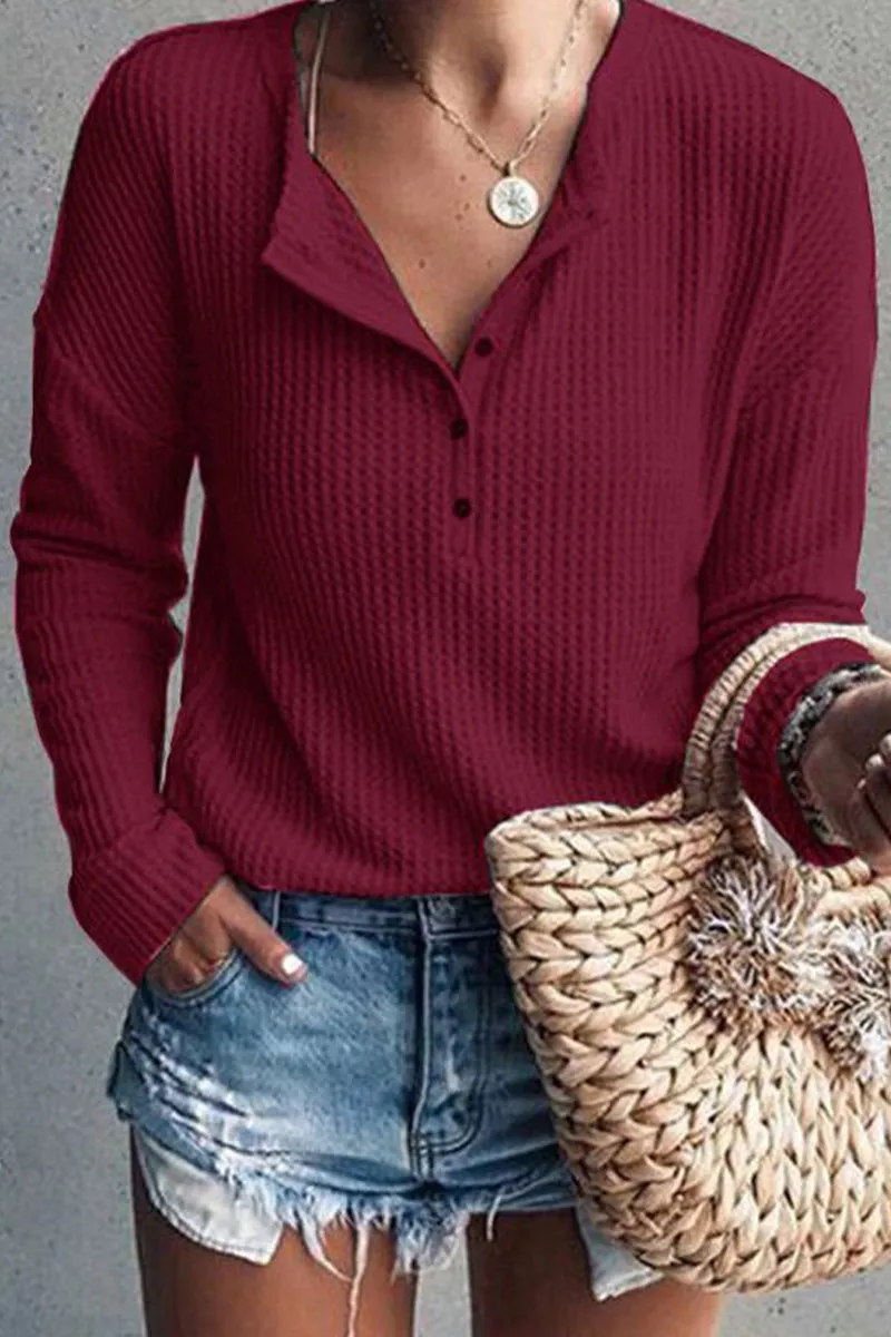Casual Solid Buttons O Neck Tops