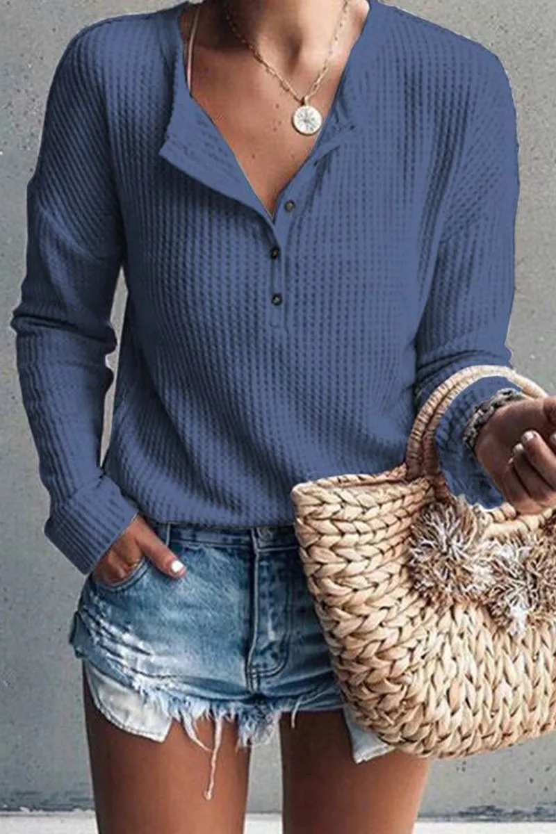 Casual Solid Buttons O Neck Tops