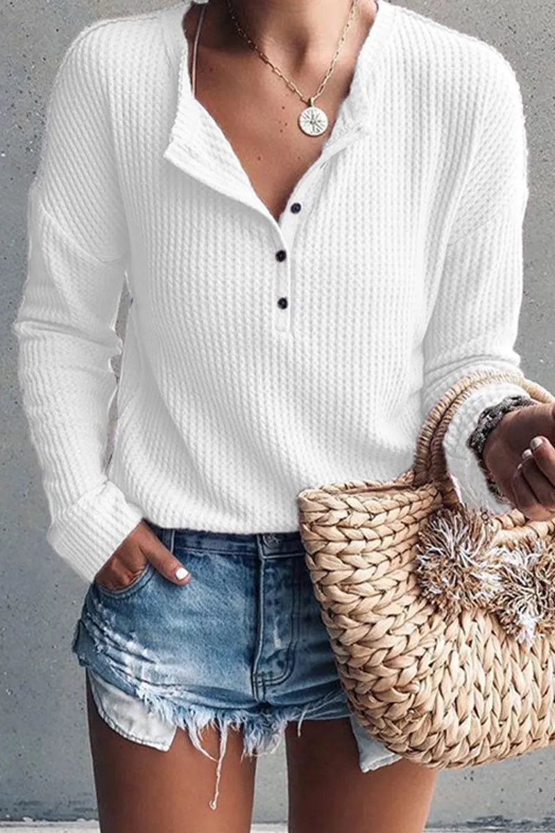 Casual Solid Buttons O Neck Tops