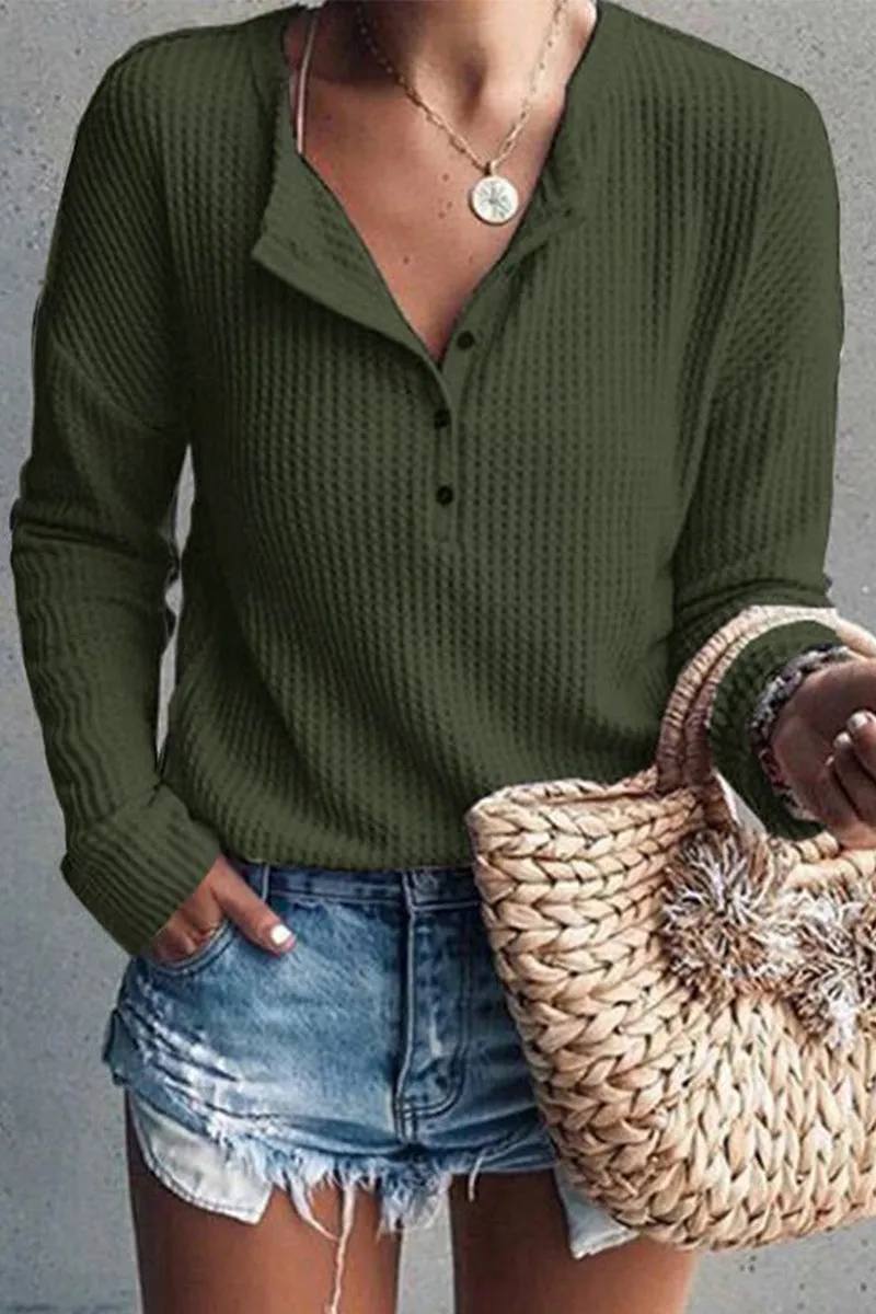 Casual Solid Buttons O Neck Tops