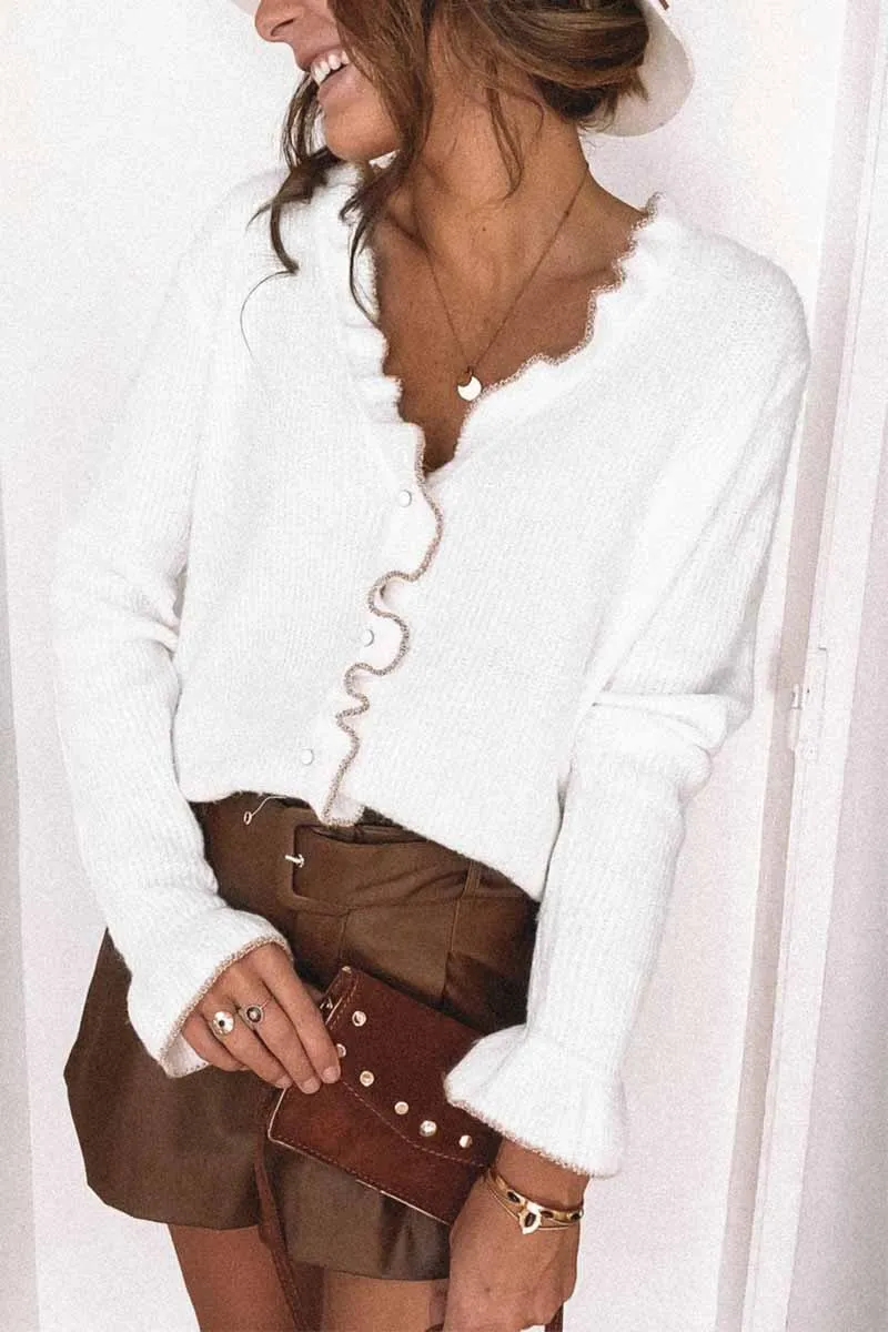 Casual Solid Color V-Neck Ruffled Knit Cardigan