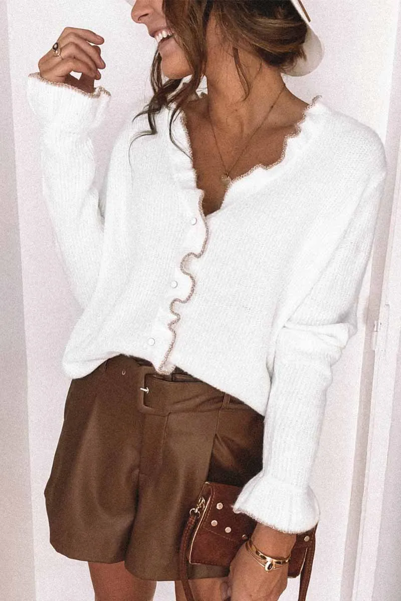 Casual Solid Color V-Neck Ruffled Knit Cardigan