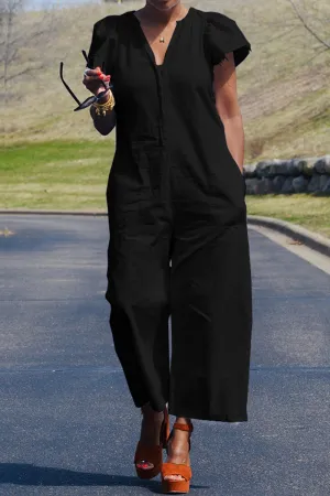 Casual Solid Patchwork Pocket V Neck Regular Jumpsuits