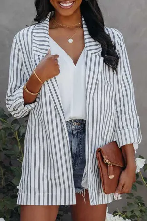 Casual Striped Patchwork Turndown Collar Tops