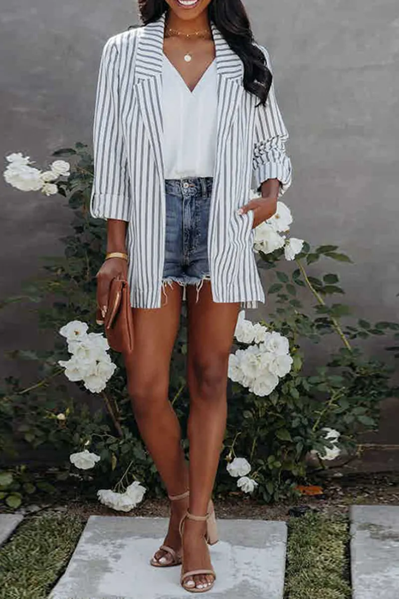 Casual Striped Patchwork Turndown Collar Tops