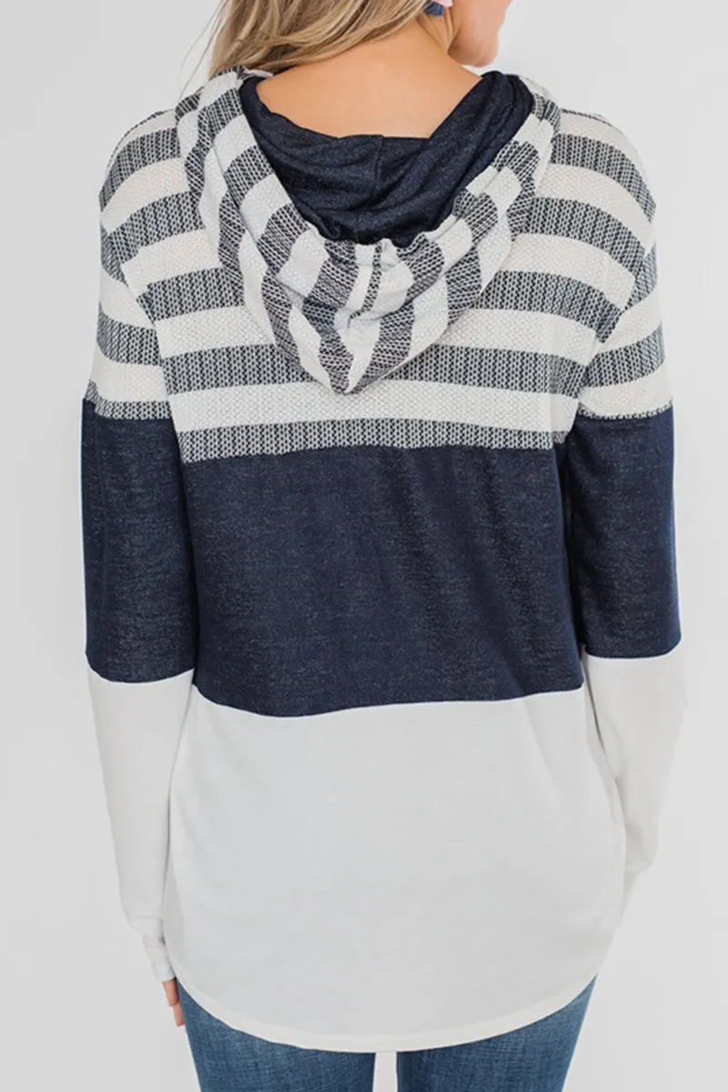 Casual Striped Split Joint Hooded Collar Tops(4 Colors)
