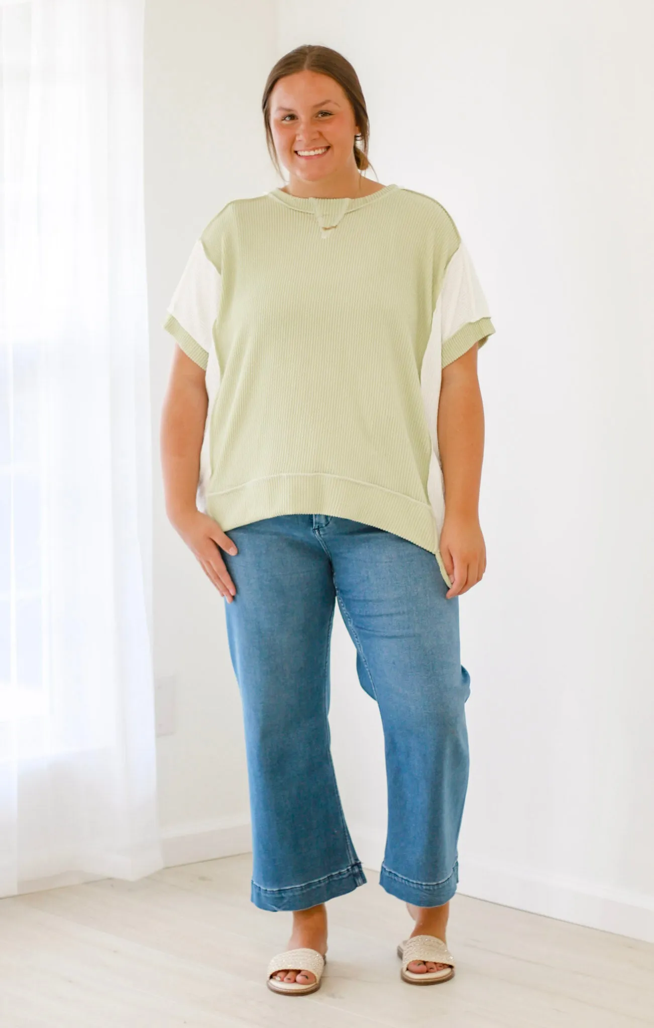 Casual Way Ribbed Top in Sage/White
