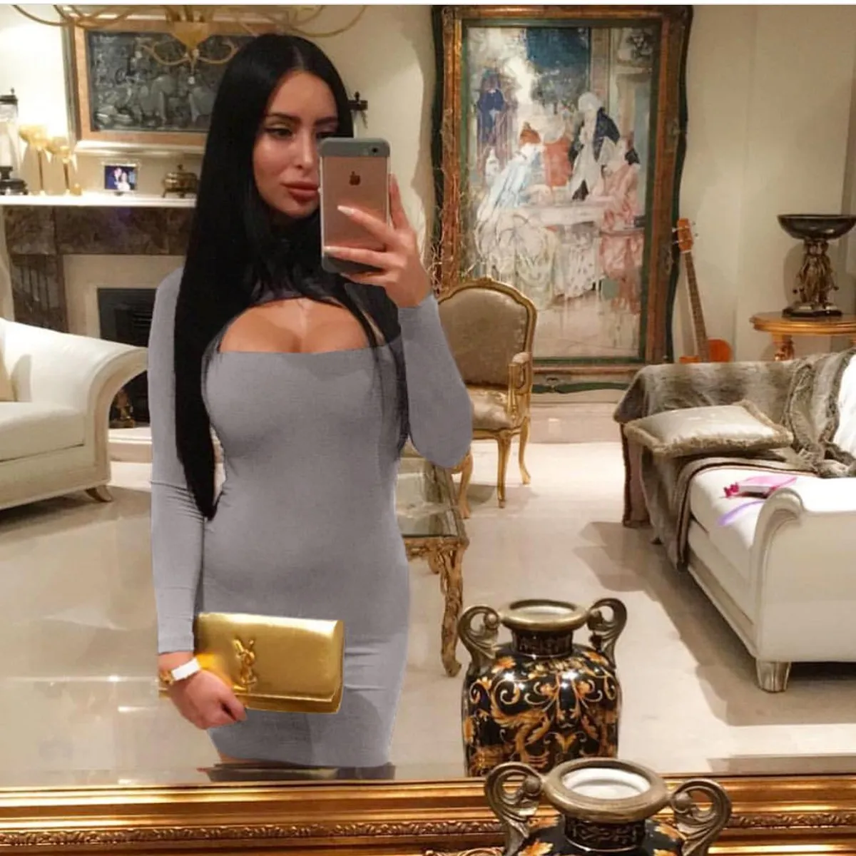Celino Women Cocktail  Long Sleeve Above Knee-Length Grey Bodycon Dress