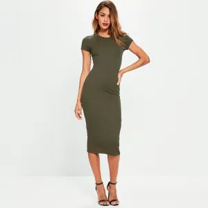 Celino Women Round-Neck Short Sleeve Party Club Bodycon Green Midi Dress