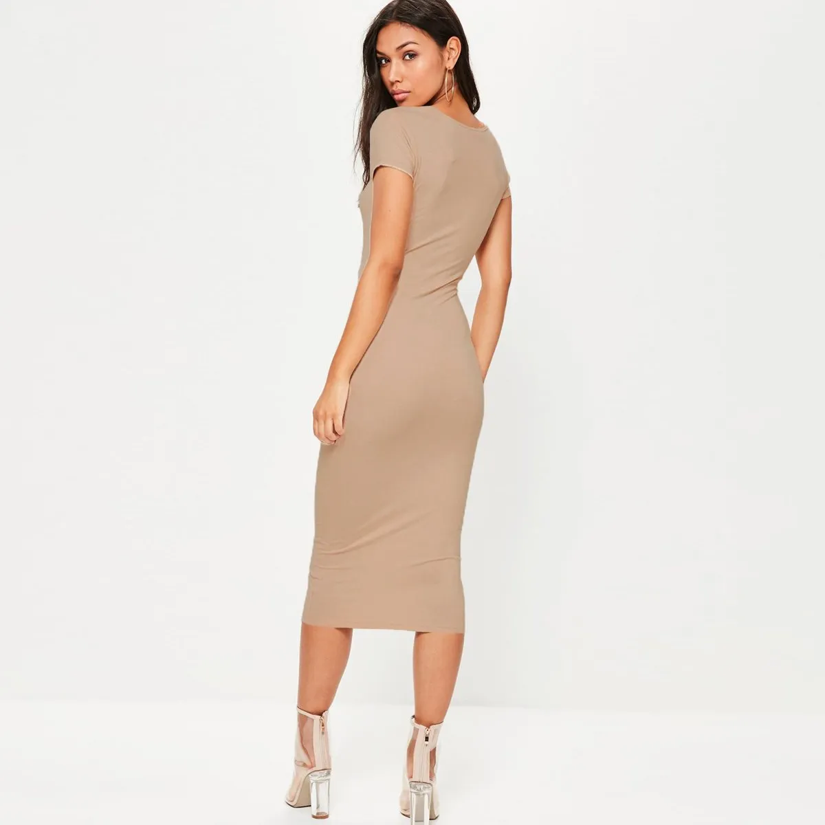 Celino Women Round-Neck Short Sleeve Party Club Bodycon Khaki Midi Dress
