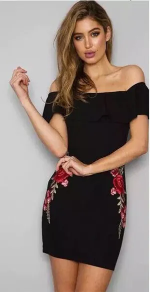 Celino Women's Black Floral Printed Off Shoulder Short Sleeve Bodycon Dress