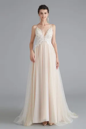 Champagne A-line Prom Dresses with Lace Top