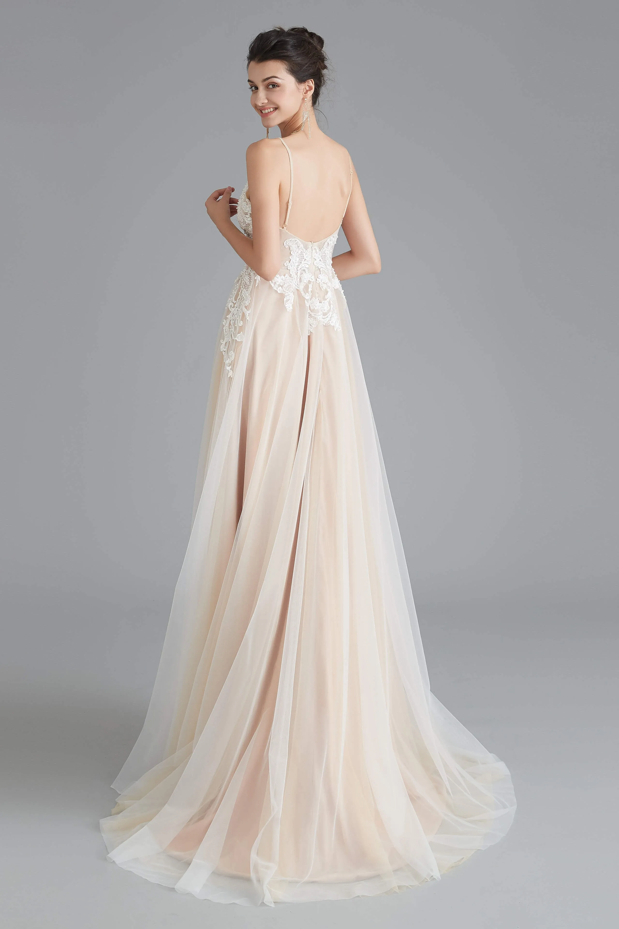 Champagne A-line Prom Dresses with Lace Top