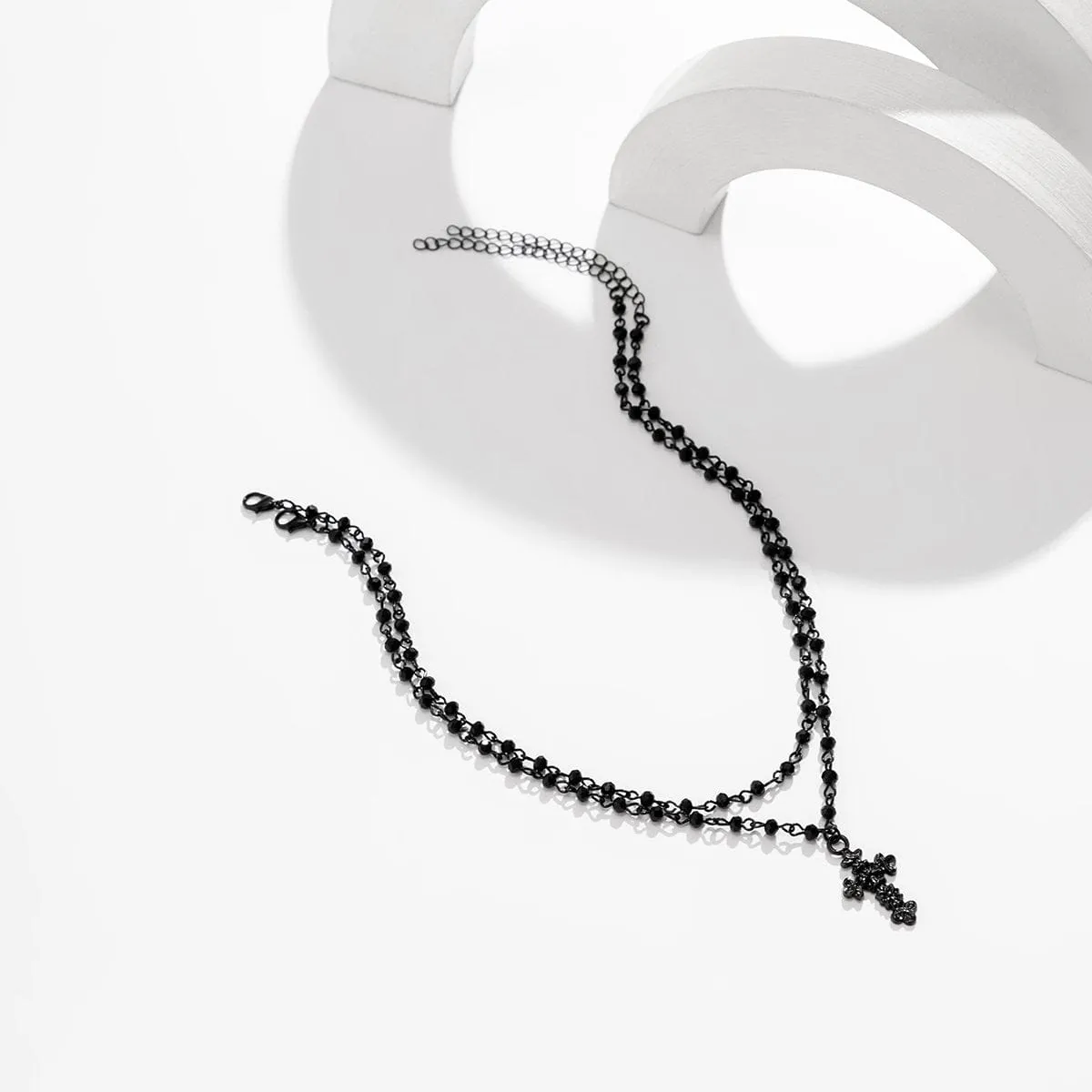 Chic Layered Star Cross Pendant Natural Crystal Choker Necklace Set
