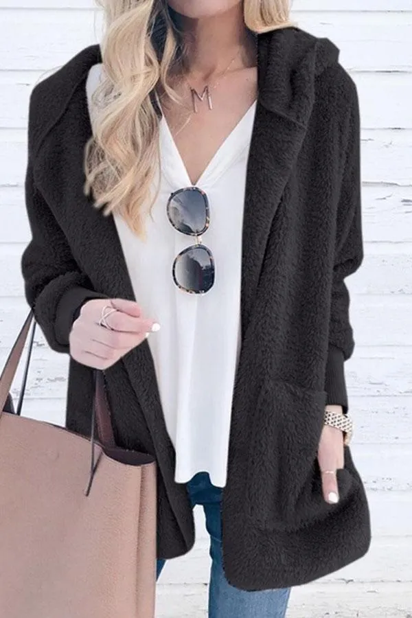 Chicindress Solid Color Plush Cap Long Sleeve Cardigan Coat