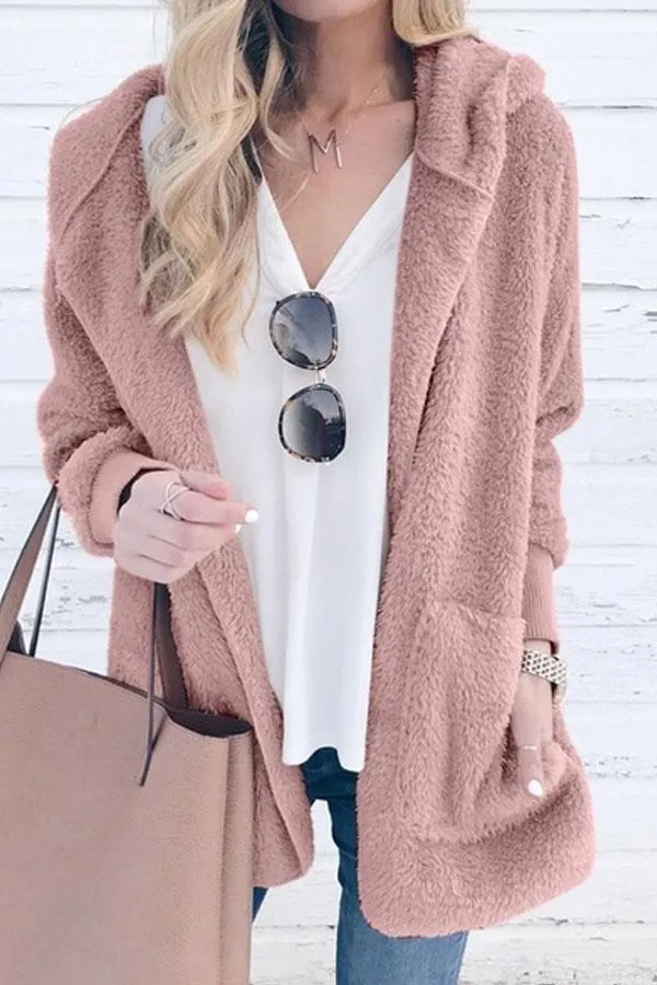 Chicindress Solid Color Plush Cap Long Sleeve Cardigan Coat