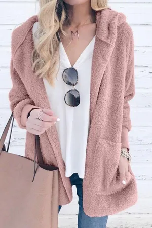 Chicindress Solid Color Plush Cap Long Sleeve Cardigan Coat