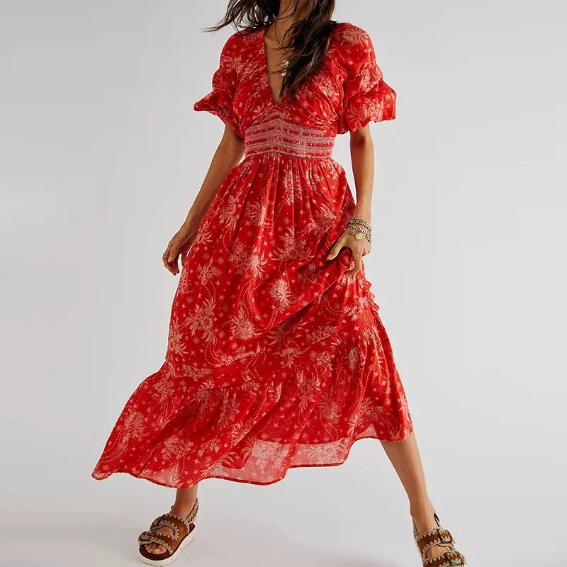 Chiffon Tiered Swing Deep V Neck Puff Sleeve Women's Boho Dress