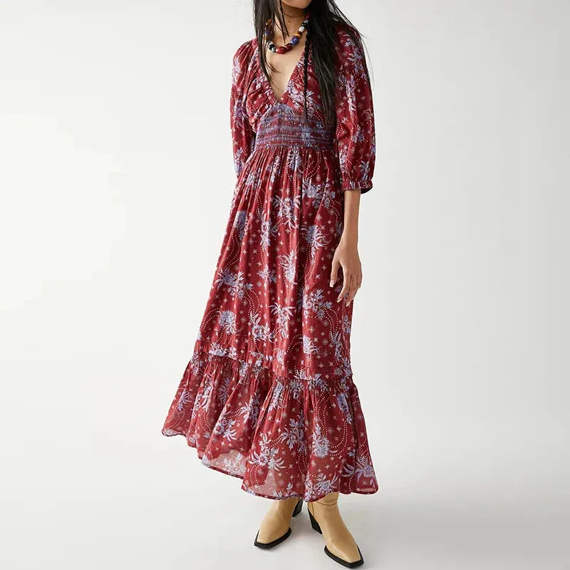 Chiffon Tiered Swing Deep V Neck Puff Sleeve Women's Boho Dress