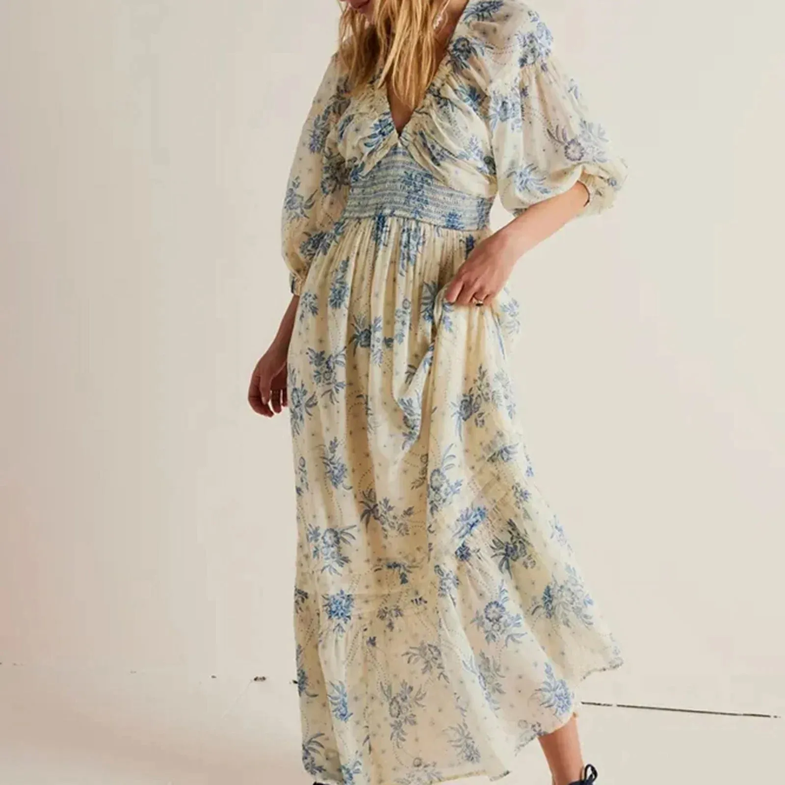 Chiffon Tiered Swing Deep V Neck Puff Sleeve Women's Boho Dress