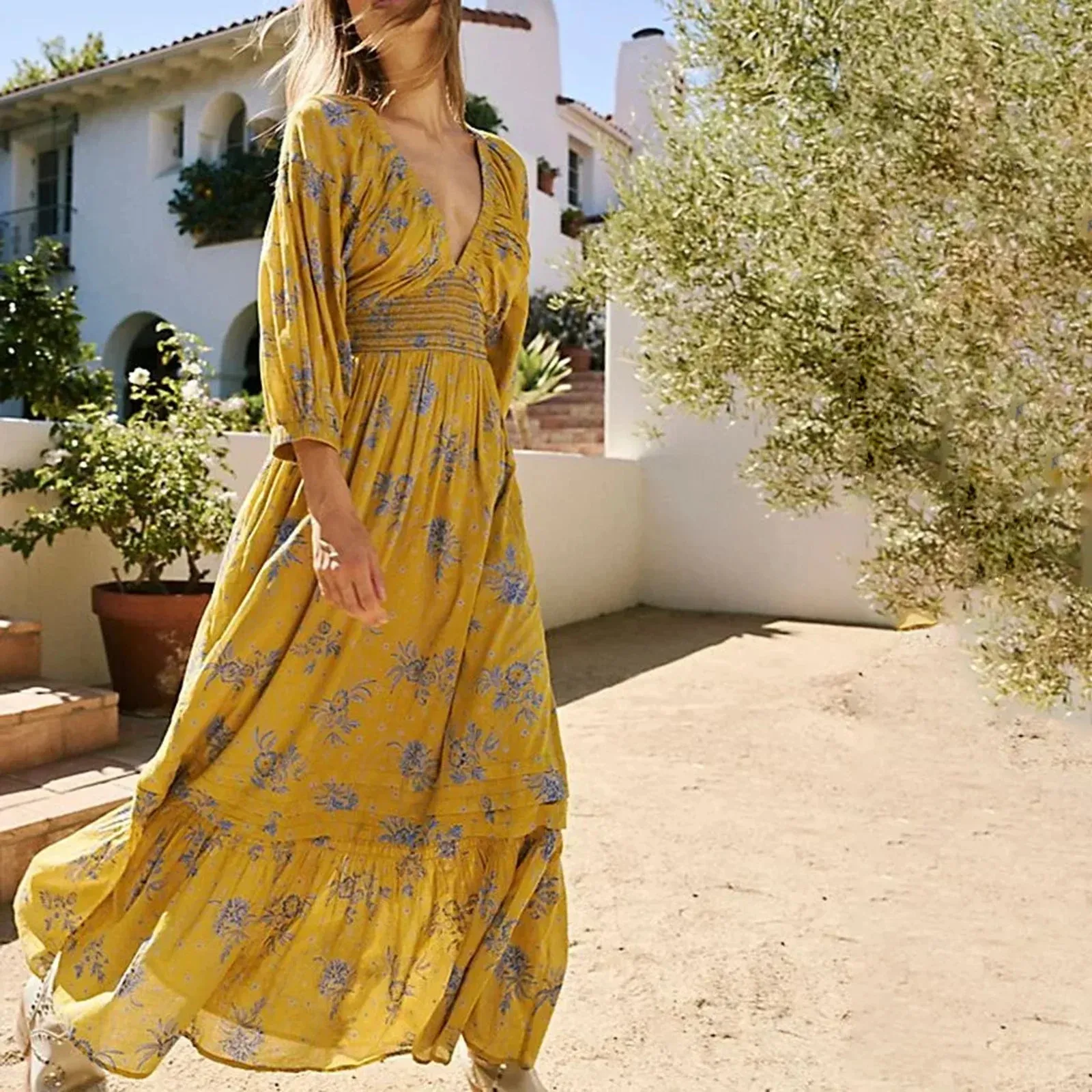 Chiffon Tiered Swing Deep V Neck Puff Sleeve Women's Boho Dress